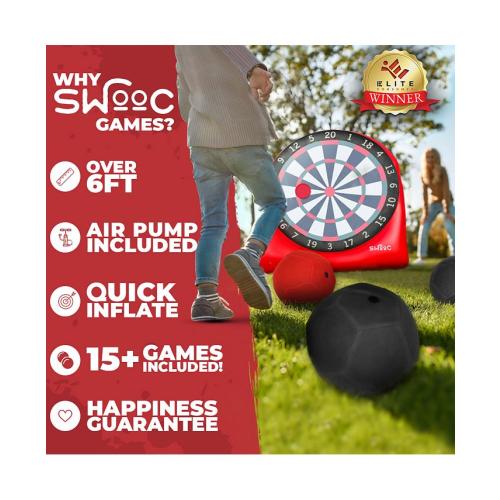 Giant Kick Darts (Over 6 ft. Tall) with Over 15 Games Included - Giant Inflatable Outdoor Dartboard with Soccer Balls - Red - Large