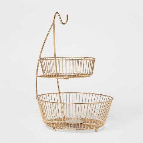 Delavan Collection Metal Wire 2-Tier Fruit Basket with Banana Hanger Gold - Threshold™: Fruit Stand & Holder, Iron, 17.75