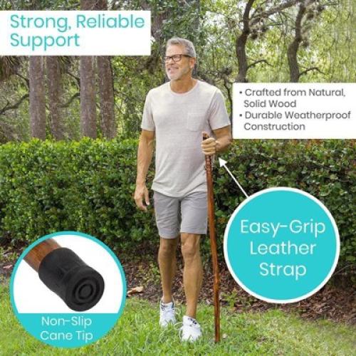 Size 48 Color Brown Vive Health Wooden Walking Stick Handcrafted Waterproof With Leather Wrist Strap for  Women, Men, Seniors