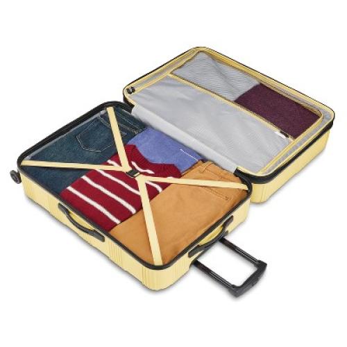 American Tourister NXT Hardside Large Checked Spinner Suitcase - Yellow: 8-Wheel Durable ABS