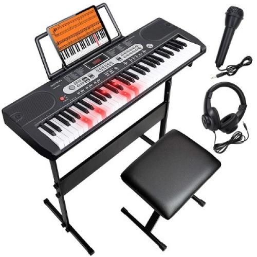 SKONYON 61-Key Beginners Electronic Keyboard Piano Set with LCD Screen, Lighted Keys, 3-Teaching Modes