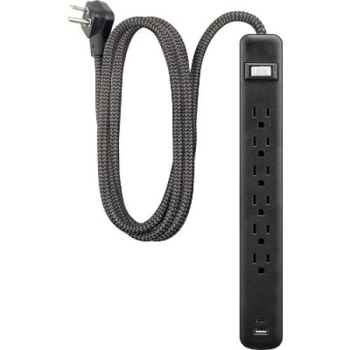 GE 6-Outlet Power Strip 1 USB-A 1 USB-C 15W Shared 6' Braided Cord Black