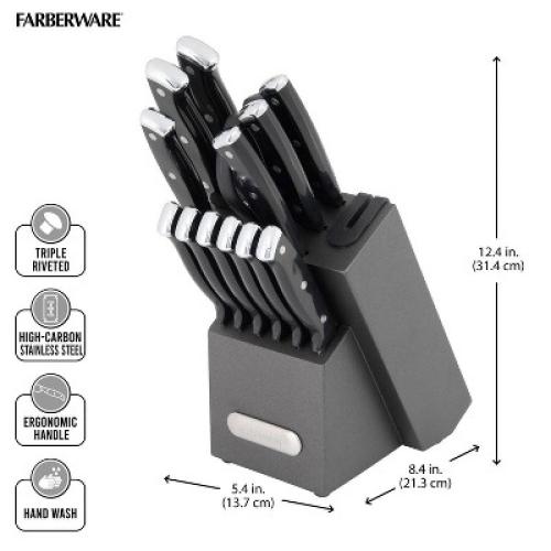 Farberware 14pc Triple Rivet Knife Block Set with Edgekeeper Sharpener Graphite: Stainless Steel Cutlery, Hand Wash‼️missing 2 ‼️