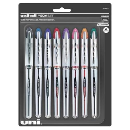 uni Vision Elite Roller Ball Stick Pen, 0.8 mm Bold Tip, Assorted Colors, Set of 8