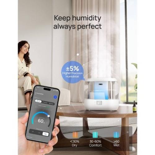 Dreo 1gal Cool Mist Smart Ultrasonic Humidifier for Room, Essential Oil Diffuser & Nightlight, Touch Control: ETL Listed, 32hr Run Time
