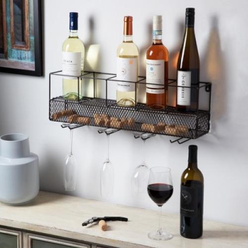 True Wall Mounted Wire Wine Rack with Cork Cage, Stemware Holder, Holds 5 Bottles & 4 Wine Glasses