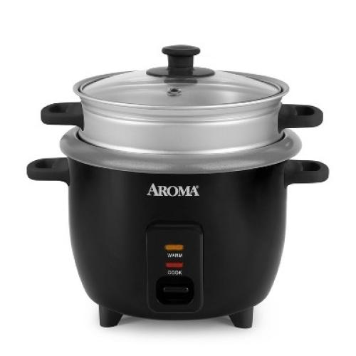Aroma 6 Cup Rice Cooker with Outer Steam Tray Black