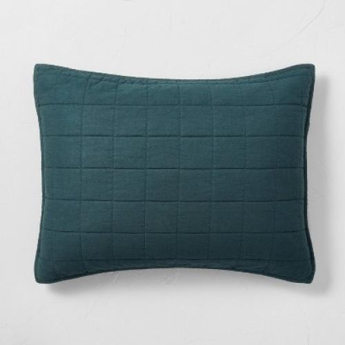 Standard Heavyweight Linen Blend Quilt Pillow Sham Dark Teal Blue - Casaluna™: Woven Rayon & Cotton, Zipper Closure, OEKO-TEX Certified
