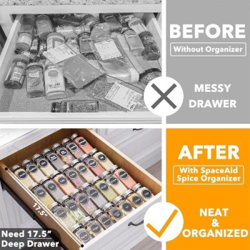 SpaceAid 4 Tier Glass Spice Drawer Organizer with 28 Jars, 386 Labels, for Kitchen Drawers,Black