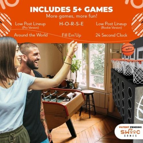 SWOOC Games - Low Post Lineup | Wall Mounted Giant Basketball 4 In A Row w/ 5  Games | Basketball Hoop For Room Wall Games | Mini Game Room Games