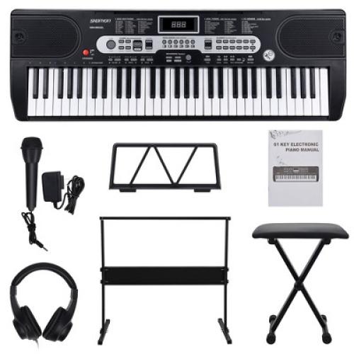 SKONYON 61-Key Beginners Electronic Keyboard Piano Set with LCD Screen, Lighted Keys, 3-Teaching Modes