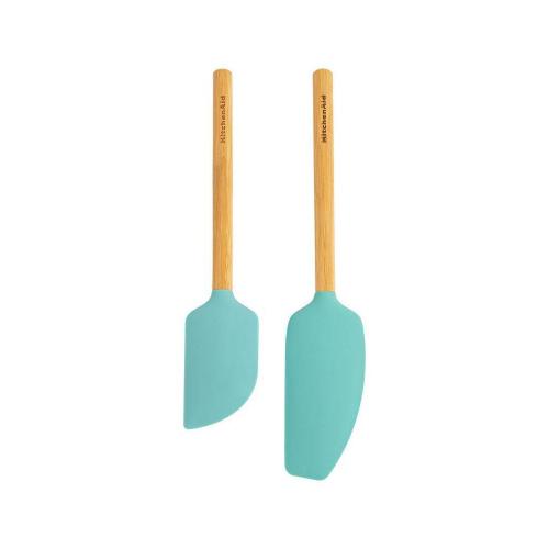 KitchenAid 2pc Bamboo Spatula Set Aqua Blue: Silicone Flexible Spatulas for Cooking & Baking, Wood Handle, Hand Wash