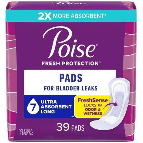 Poise Incontinence Bladder Control & Postpartum Pads for Women - Ultra Absorbency (7 Drop) - 39ct Long