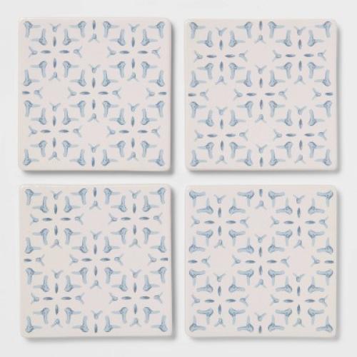 4pk Stoneware Stamp Coasters Light Blue - Threshold™: Traditional Drink Coasters, Hand Wash, 4 Square, Set of 4