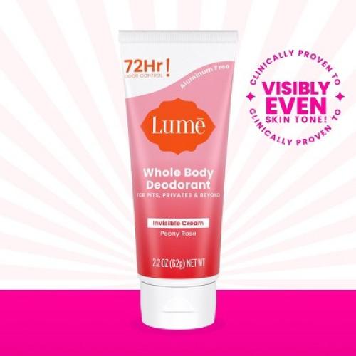 Lume Whole Body Women's Deodorant - Invisible Cream Tube - Aluminum Free - Peony Rose Scent - 2.2oz