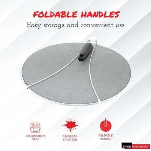 Silver 13 Amco Stainless-Steel Odor Absorbing Splatter Screen with Foldable Handles, 13-Inch Stainless Steel Grease Splatter Guard, Fine Mesh for Frying Pan