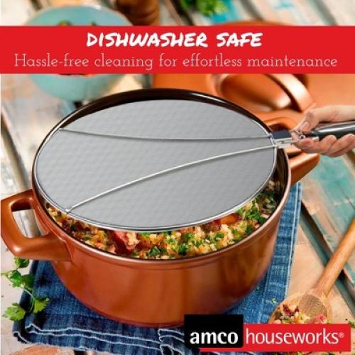 Silver 13 Amco Stainless-Steel Odor Absorbing Splatter Screen with Foldable Handles, 13-Inch Stainless Steel Grease Splatter Guard, Fine Mesh for Frying Pan