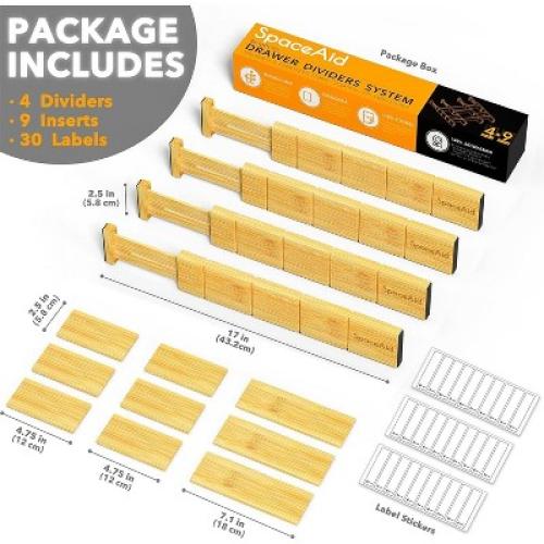 Set of 4  Bamboo Expandable Drawer Dividers with Labels,with 9 Inserts (17-22 in)-SpaceAid