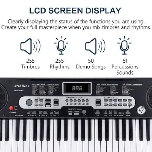 SKONYON 61-Key Beginners Electronic Keyboard Piano Set with LCD Screen, Lighted Keys, 3-Teaching Modes