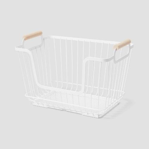 Metal Stackable Wire Pantry Basket with Rubber Wood Handle White - Brightroom™: Kitchen Storage Organizer, 9x13.5