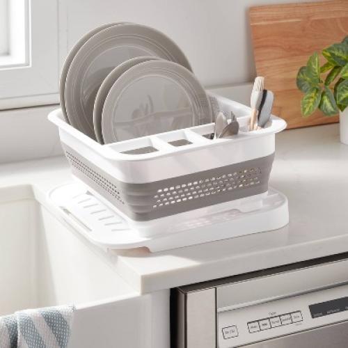 Plastic Collapsible Dish Rack with Drip Tray White - Brightroom™: Freestanding Drying Rack with Drain Board