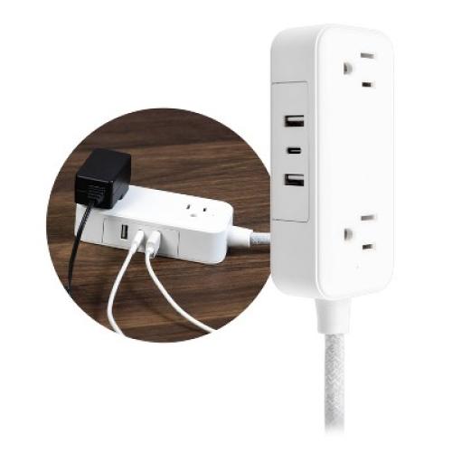 GE 2-Outlet Extension Cord 2 USB-A 1 USB-C 12W 6' Braided White/Gray