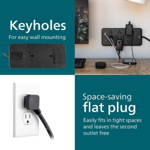 Philips 10-Outlet Surge 6' Braided cord 2880J 2 USB-A - 2.4A Adapter-Spaced - Black