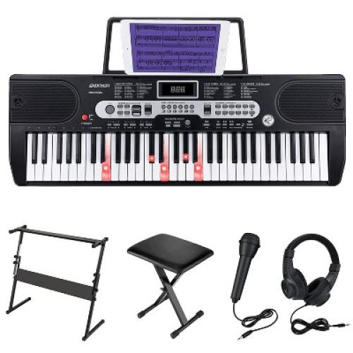 SKONYON 61-Key Beginners Electronic Keyboard Piano Set with LCD Screen, Lighted Keys, 3-Teaching Modes