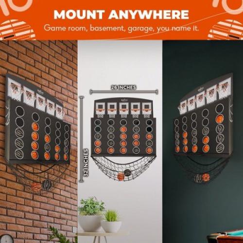 SWOOC Games - Low Post Lineup | Wall Mounted Giant Basketball 4 In A Row w/ 5  Games | Basketball Hoop For Room Wall Games | Mini Game Room Games