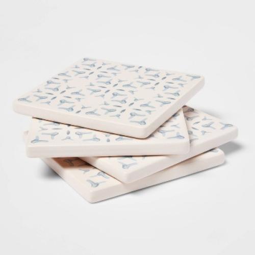 4pk Stoneware Stamp Coasters Light Blue - Threshold™: Traditional Drink Coasters, Hand Wash, 4 Square, Set of 4