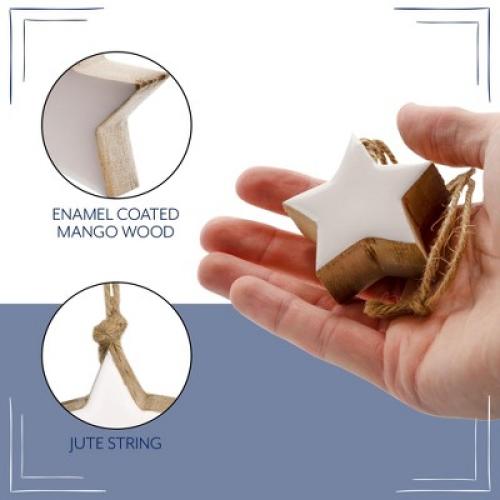 AuldHome Design Enamel Christmas Ornaments 12pk, White; Rustic Farmhouse Wood Tree Decorations, Retro Vintage Style