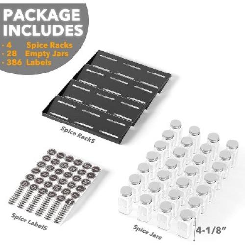 SpaceAid 4 Tier Glass Spice Drawer Organizer with 28 Jars, 386 Labels, for Kitchen Drawers,Black