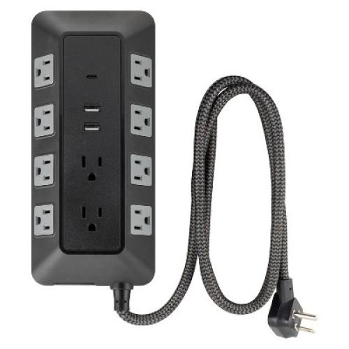 GE 10-Outlet Surge Protector 2 USB-A and 1 USB-C 3540J 4' Braided Cord Black: Extension Cord & Outlet Extender