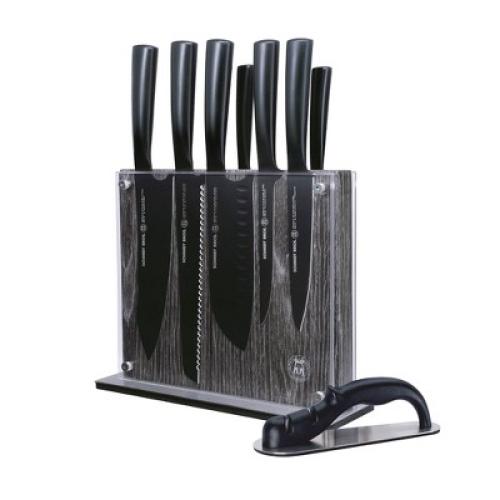 (MISSING A KNIFE) Schmidt Bros Cutlery 9pc Jet Black Series Knife Block Set: Stainless Steel Blades & Handles, Includes Sharpener