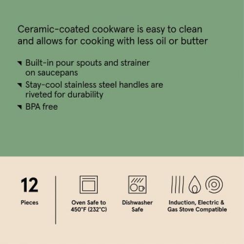 12pc Nonstick Ceramic Coated Aluminum Cookware Set Dark Gray - Figmint™