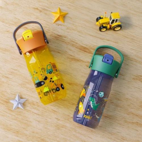 Zak Designs 2pk 18oz Construction/Space DinoHarmony Straw Water Bottle Set Yellow/Gray