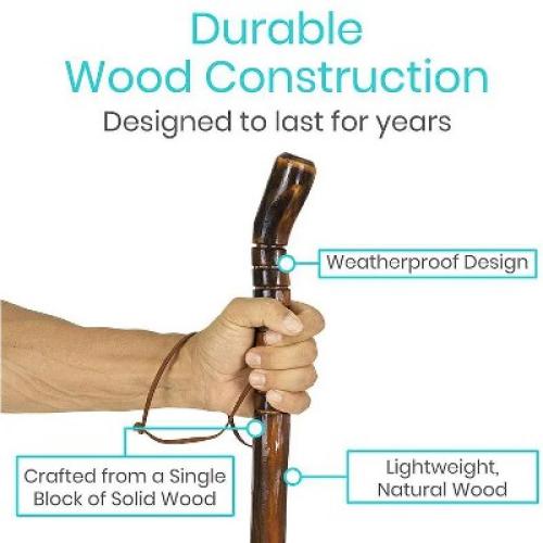 Size 48 Color Brown Vive Health Wooden Walking Stick Handcrafted Waterproof With Leather Wrist Strap for  Women, Men, Seniors