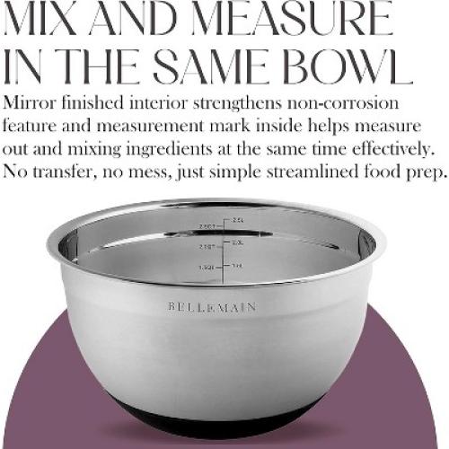 Bellemain 3-Piece Stainless Steel Mixing Bowls Set with Non-Slip Lids – Silver/Black Finish
