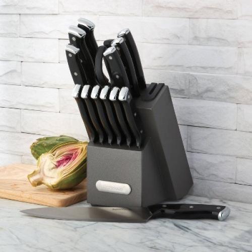 Farberware 14pc Triple Rivet Knife Block Set with Edgekeeper Sharpener Graphite: Stainless Steel Cutlery, Hand Wash‼️missing 2 ‼️
