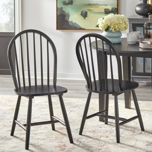 Buylateral Set of 2 Windsor Farmhouse Solid Wood Spindle Dining Chairs Black: Rubberwood, Spindle Back, Armless Design