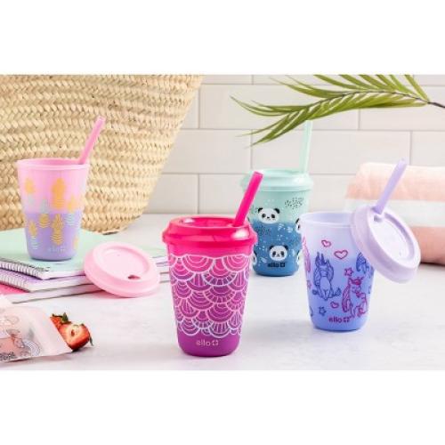 (total of 8 cups and 5 tops) Ello 12oz 4pk Plastic Chameleon Color Changing Cups with Twist on Lids Purple