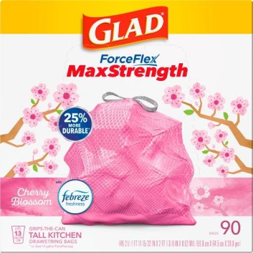 Glad ForceFlex MaxStrength Tall Kitchen Drawstring Pink Trash Bags - Cherry Blossom - 13gal/90ct