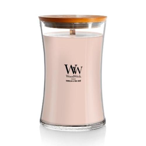 WoodWick 21.5oz Large Hourglass Vanilla and Sea Salt Jar Candle: Soy & Paraffin Blend, Ocean Jasmine Scent, 120hr Burn Time
