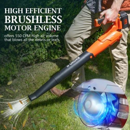 Ukoke Powerful 40V Brushless Cordless Blower (130 MPH / 550 CFM),for Blowing Snow Debris, Leaves, and Dust 2.0Ah Battery and Charger Included, Orange