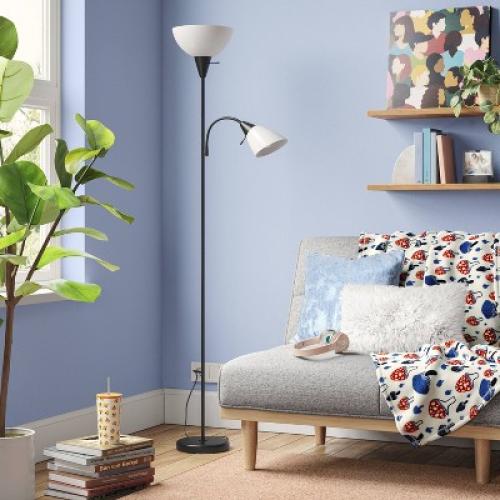 Torchiere with Task Light Floor Lamp Black - Room Essentials™: Adjustable, ETL Listed, Metal Body