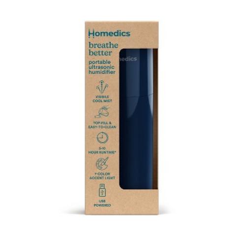 HoMedics Portable Ultrasonic Humidifier Navy: Travel & Personal Cool Mist for Small Rooms, USB & Battery Powered