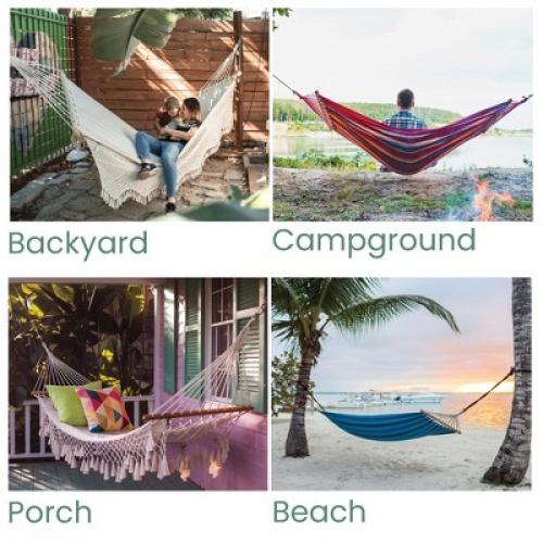 Northlight Hammock with Netted Fringe and Wooden Bars - 100 x 41 - Blue