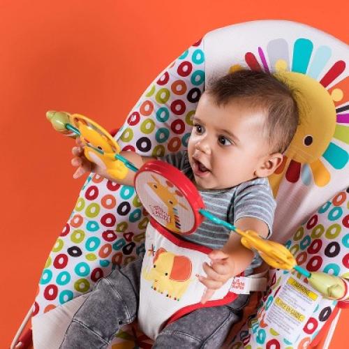 Bright Starts Playful Pinwheels Portable Baby Bouncer Seat with Vibrations and Toy Bar