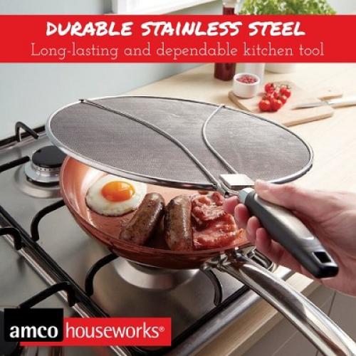 Silver 13 Amco Stainless-Steel Odor Absorbing Splatter Screen with Foldable Handles, 13-Inch Stainless Steel Grease Splatter Guard, Fine Mesh for Frying Pan