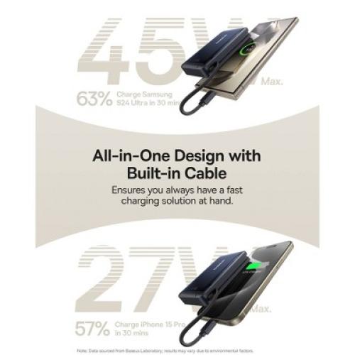 Baseus Nomos Qi2 45W 10000mAh Magnetic Power Bank with Built-In USB-C Cable - Black